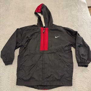 Vintage‎ Nike Hooded Lined Jacket Youth Med 10-12 Red Black Full Zip Swoosh Boys